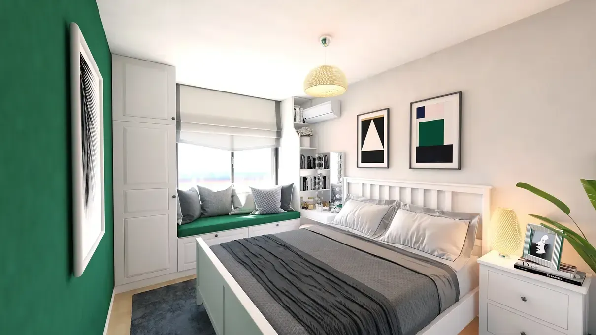 Design interior dormitor modern cu mobilier la comandă și pat Ikea.