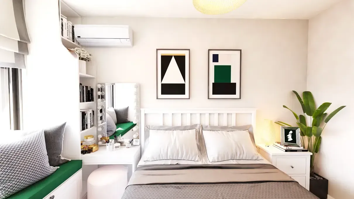 Dormitor alb modern cu pat bublu IKEA.