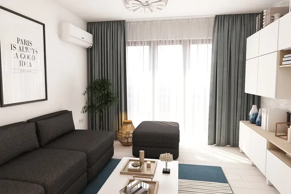 Living scandinav in amenajare interioară pentru apartament 3 camere.