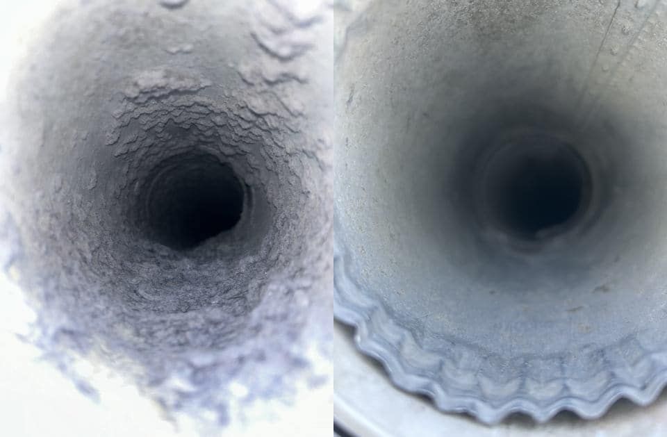 Two photos: inside of a chimney before and after cleaning, showing soot buildup and a clean interior.