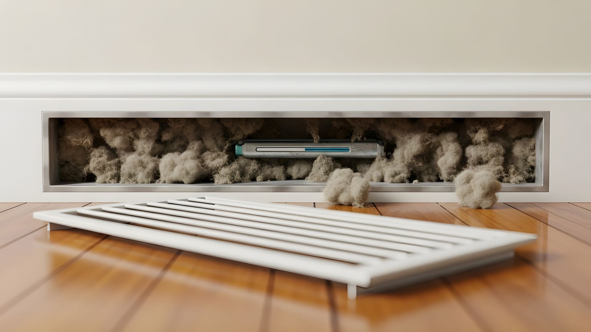 Dusty air vent with removed grill on a hardwood floor.