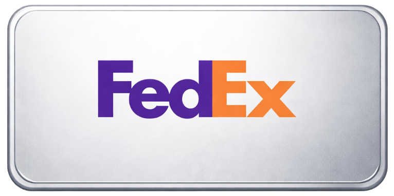 Logotipo de FedEx dentro de un rectángulo redondeado plateado, 