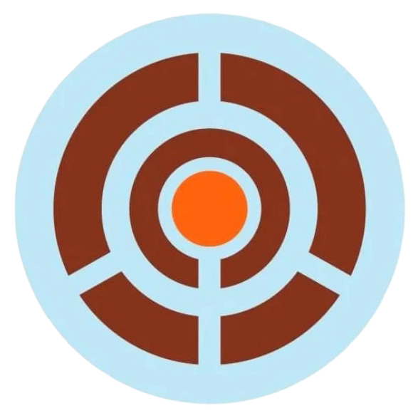 Círculo azul claro con tres anillos concéntricos, anillo exterior marrón segmentado, centro naranja.