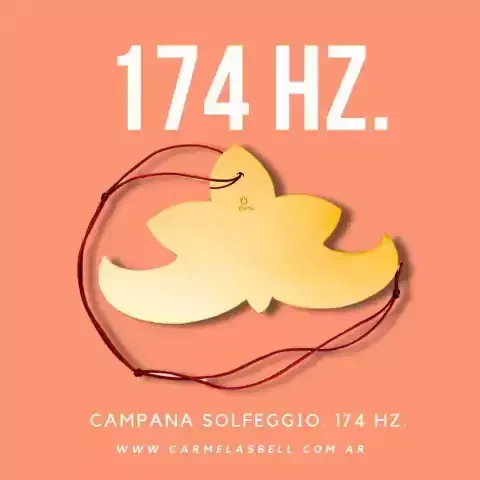 Campana dorada en forma de flor con hilo rojo sobre fondo coral. Texto: 174 Hz, Campana Solfeggio.