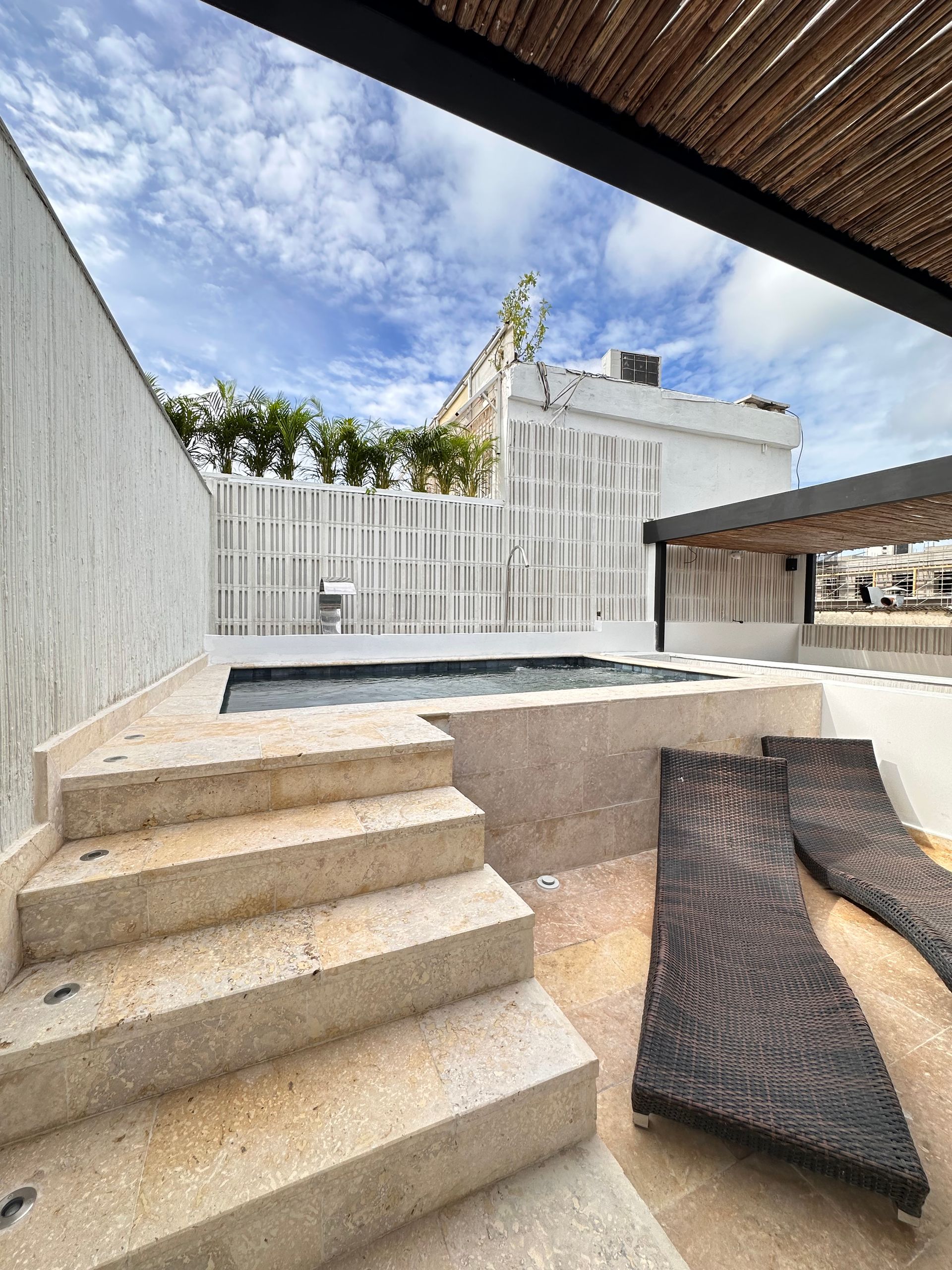 Stone steps lead to a small pool on a rooftop patio. Two lounge chairs sit near the pool, with a white fence and blue sky in the background.