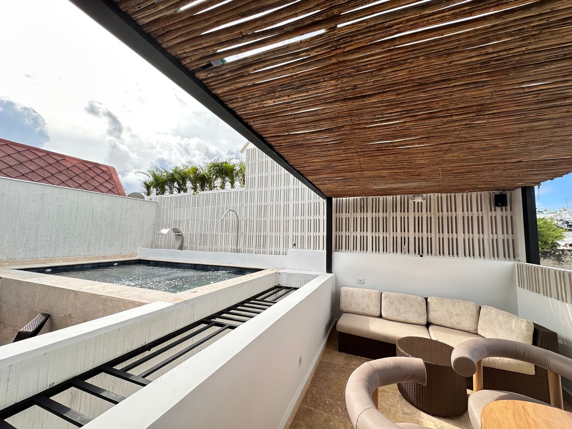 Rooftop patio with small pool, seating area with neutral-toned furniture, and textured, woven roof covering.