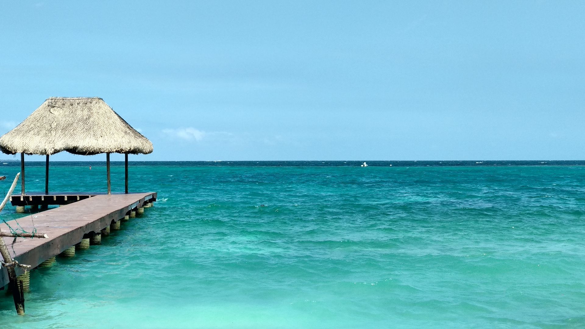 A wooden dock with a thatched roof overlooking the ocean.
