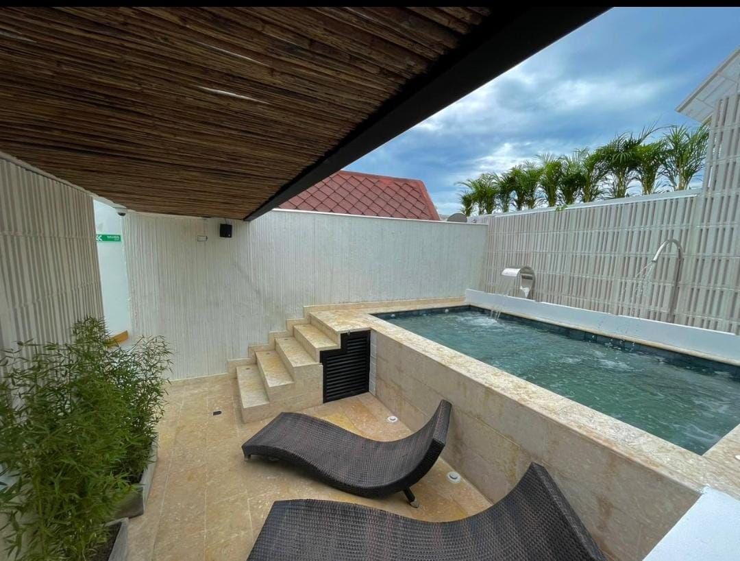 Small outdoor pool area with two lounge chairs, a jacuzzi, and a thatched roof. White walls and a green plant are present.