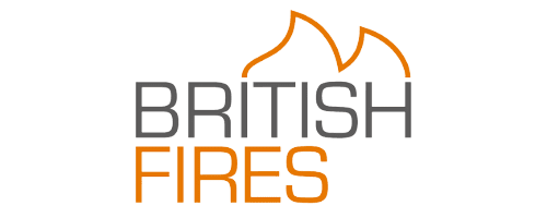 A logo for british fires with a mountain in the background