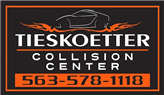Logo for Tieskoetter Collision Center with a car graphic and phone number.