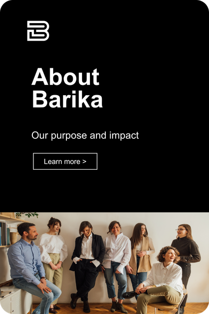 About Barika page with “Our purpose and impact” text, Learn more button, and a group photo below