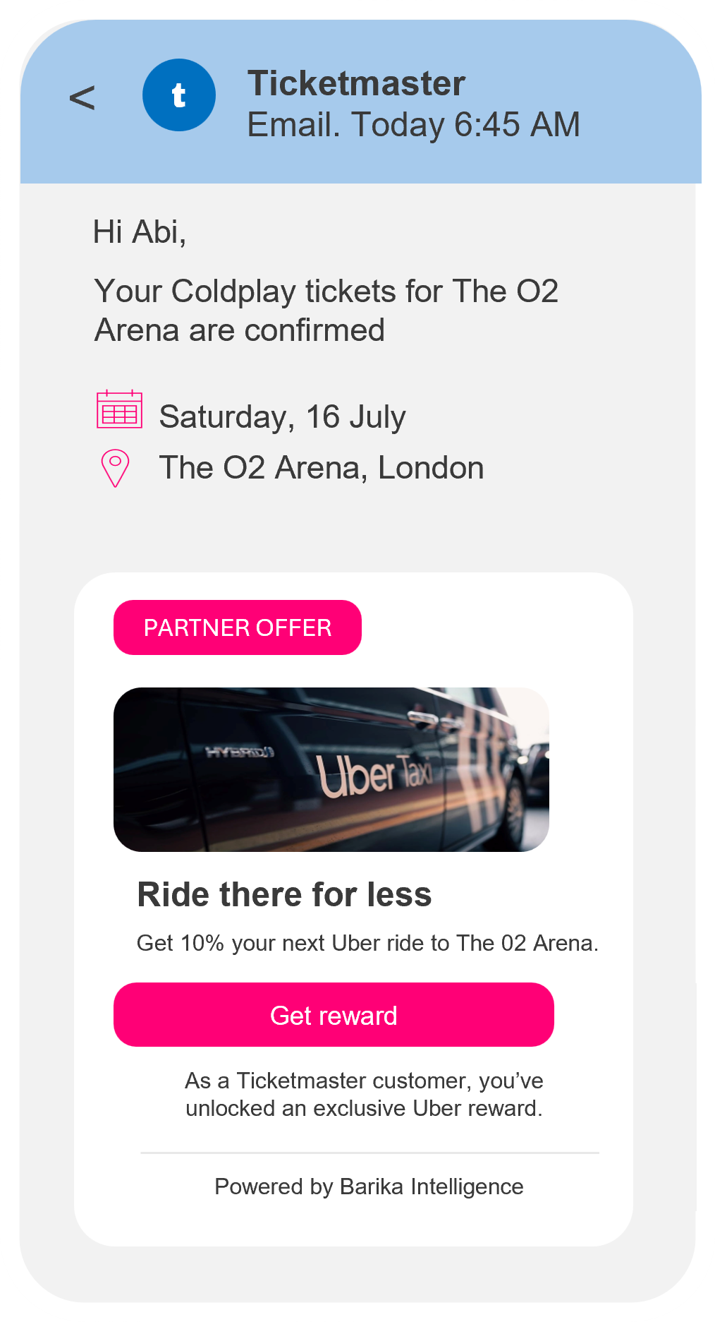 Ticketmaster email for Coachella Festival, showing ticket details and a pink “Get tickets” button.