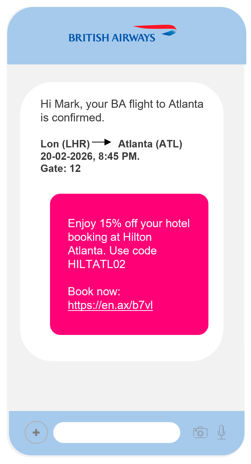British Airways app alert offering 15% off a Heathrow–Atlanta booking with code and booking link
