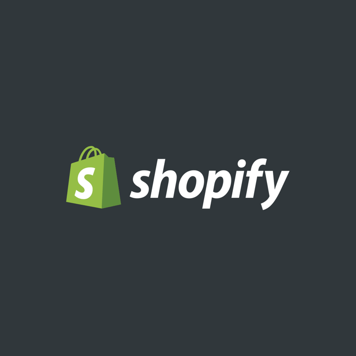 Shopify logo with a green shopping bag icon on a dark gray background