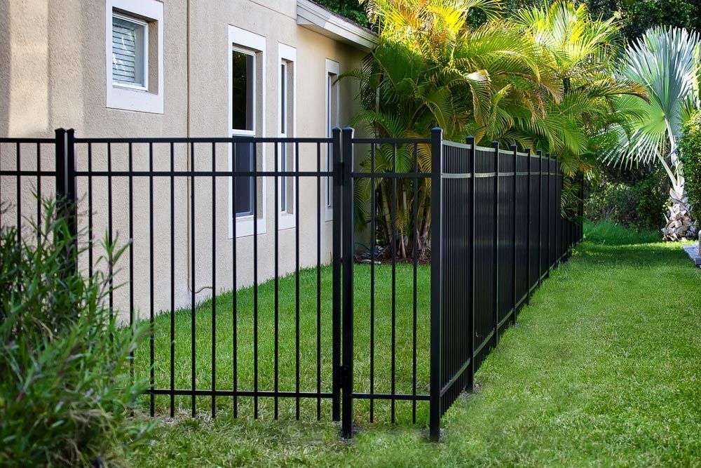 Black Metal Fence Surrounds a Lush Green Yard — On The Spot Steel Fabrication in Caloundra West, QLD