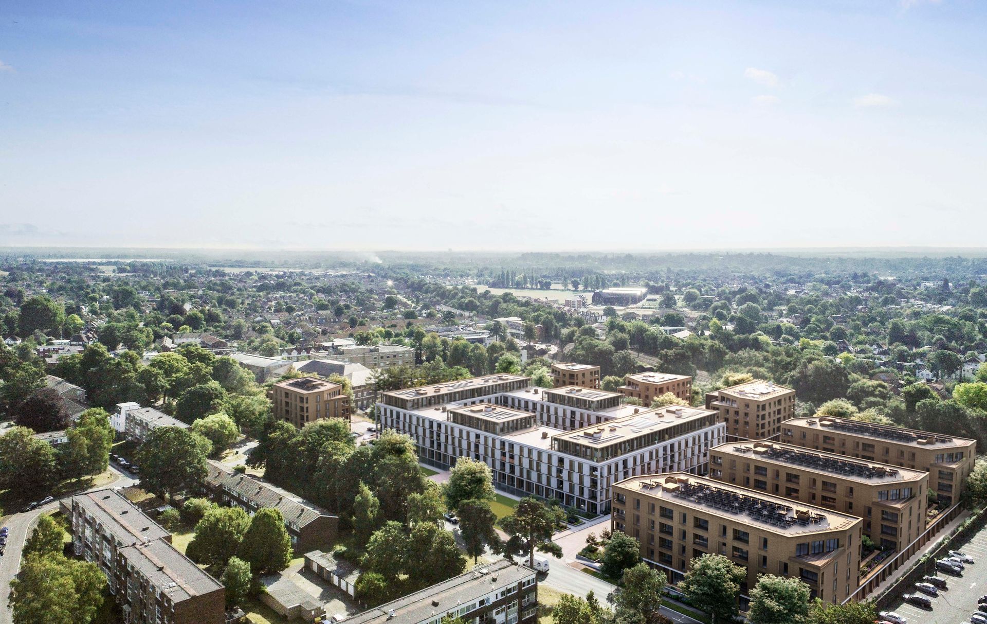 An aerial view of a city with lots of buildings and trees at Walton Court.