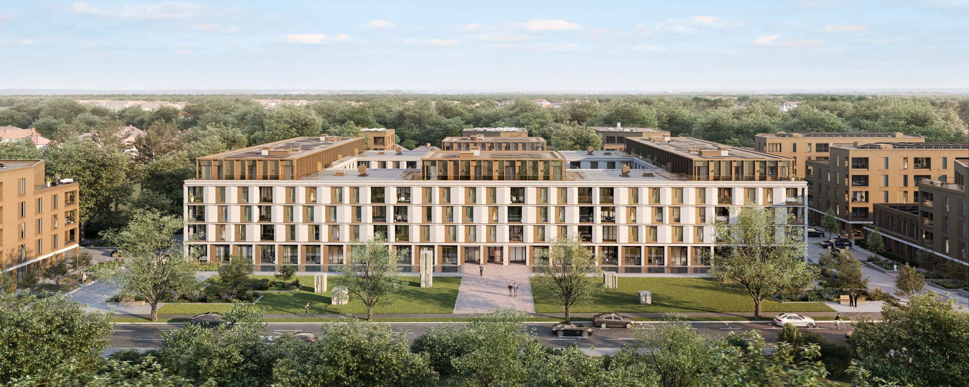 An aerial view of a large building surrounded by trees at Walton Court.