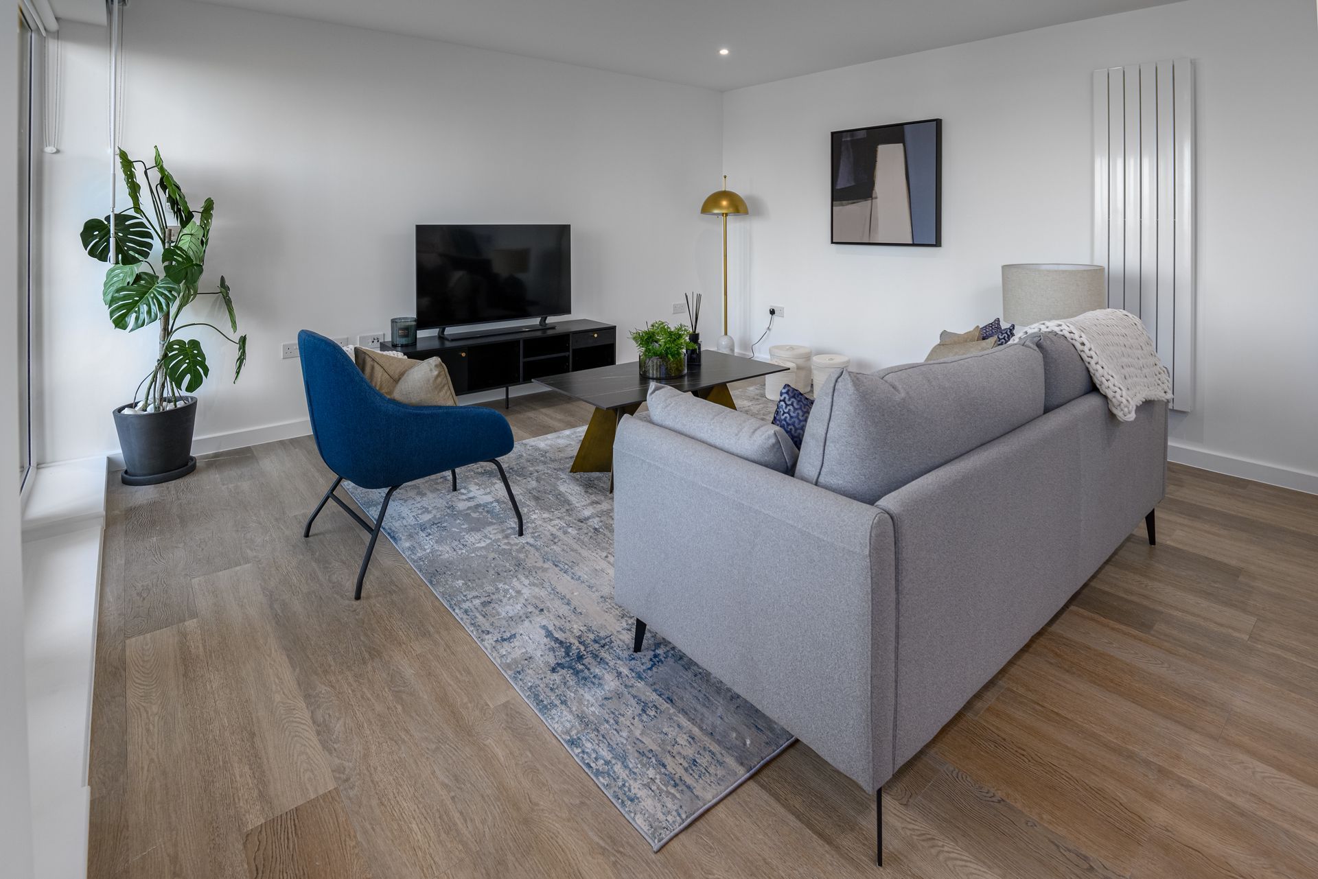 A living room with a couch , chair , and television at Walton Court.