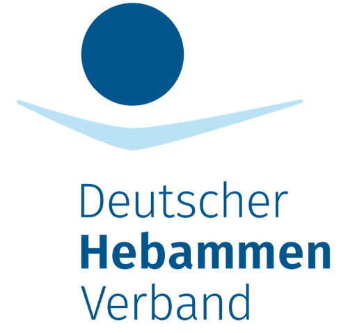 Logo des Deutschen Hebammen Verbandes, mit einem blauen Kreis über einem hellblauen Schwung und blauem Text.