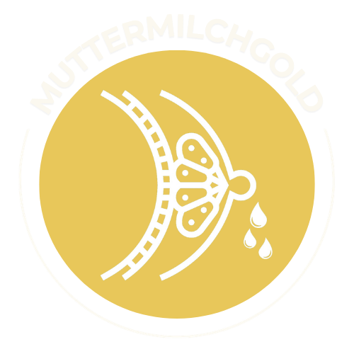 Logo: Stillendes Motiv in einem gelben Kreis mit dem Text „MUTTERMILCHGOLD“ am Rand.