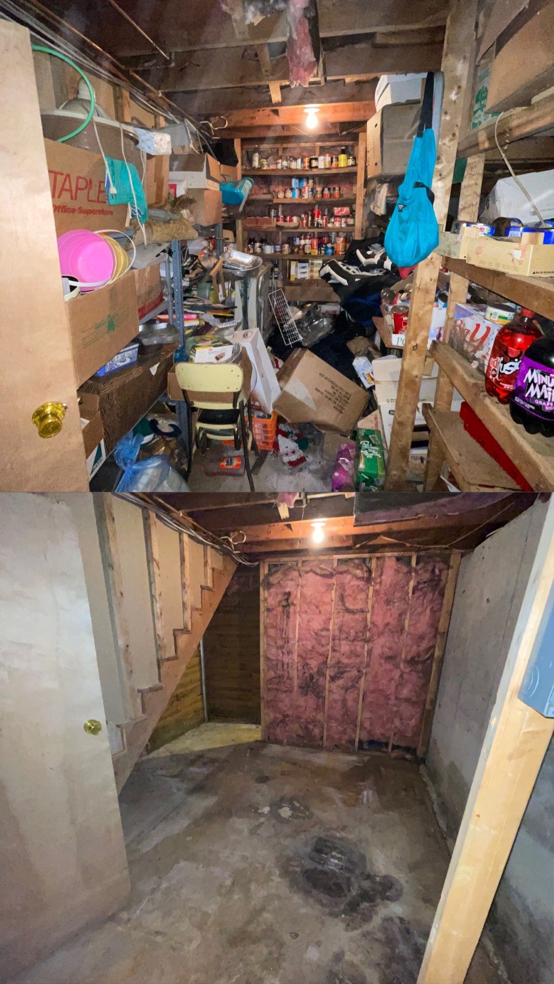 A cluttered basement with stairs leading down. Shelves, boxes, and miscellaneous items fill the space.