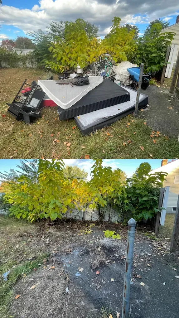Top: Backyard pile of discarded mattresses, furniture, and debris. Bottom: Cleaned-up yard with visible improvements.