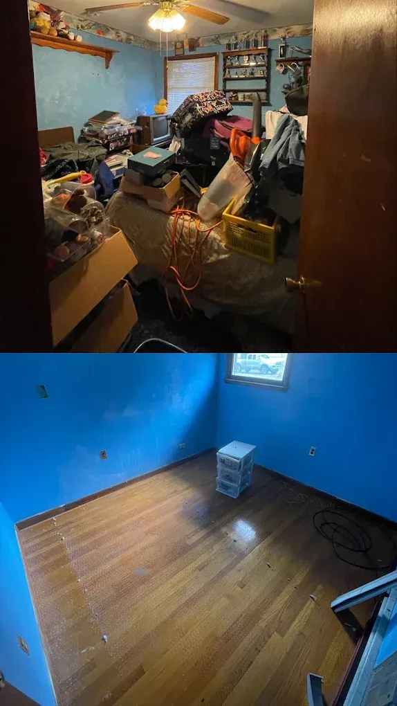 Before and after photos of a room: messy with clutter, then clean with blue walls and wood floor.