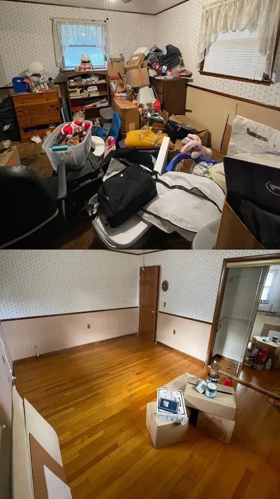 Top: Cluttered room with boxes and items. Bottom: Clean, empty room with wood floor.