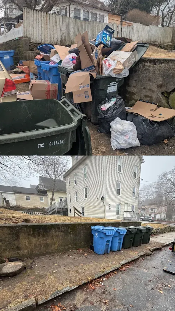 Top: Overfilled trash cans with overflowing trash and cardboard. Bottom: Empty trash cans.