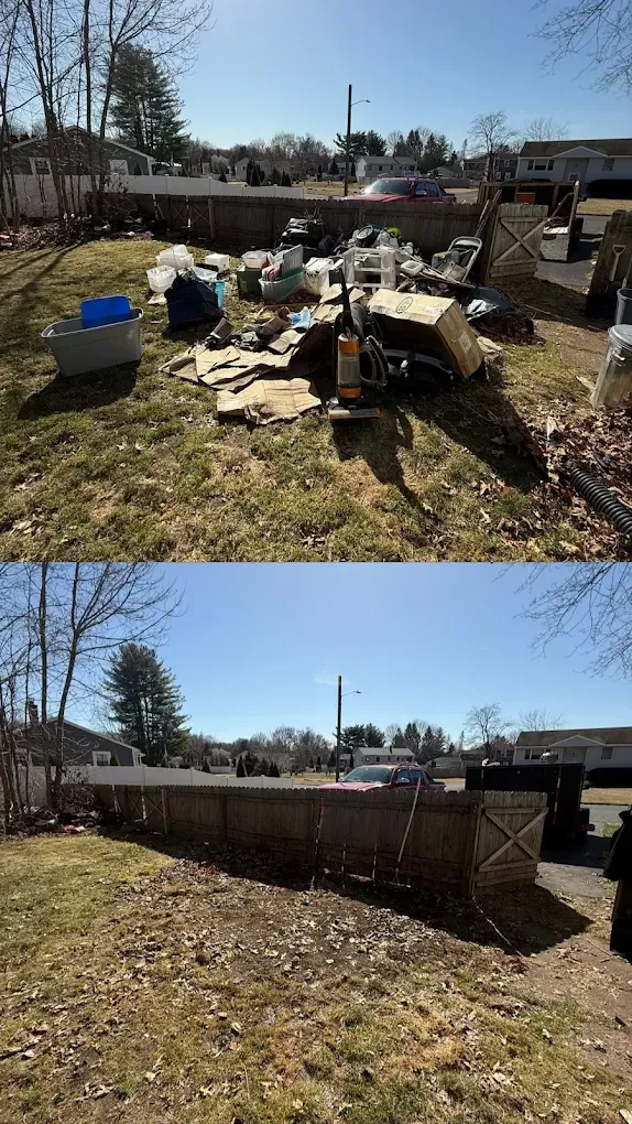 Before-and-after of a backyard cleanup. Cluttered yard transforms into a clear space with a fence. Sunny day.