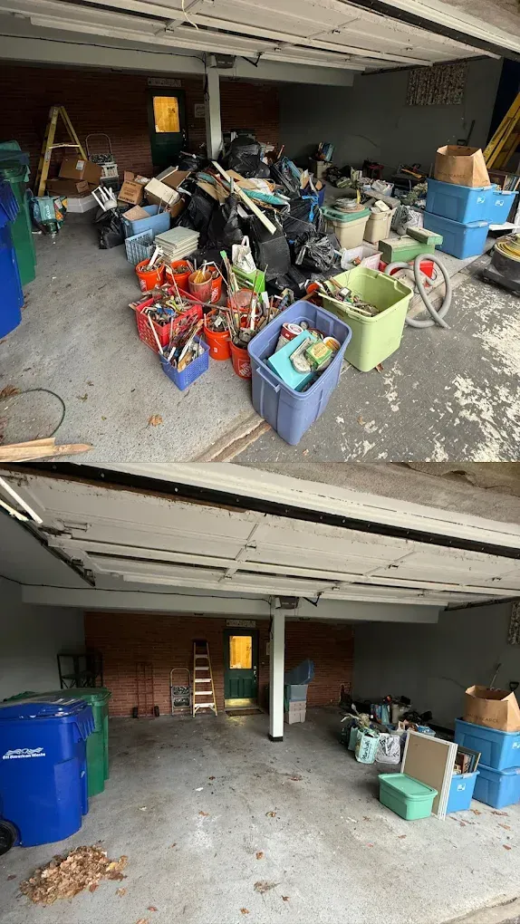 Top: cluttered garage with various items. Bottom: cleaned garage, mostly empty.