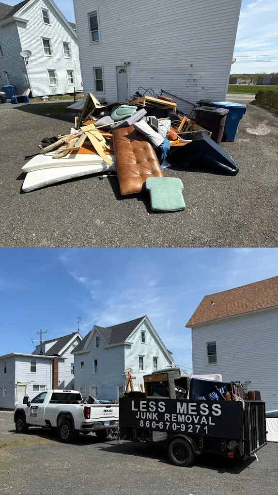Pile of discarded furniture and debris; Less Mess Junk Removal truck loading.