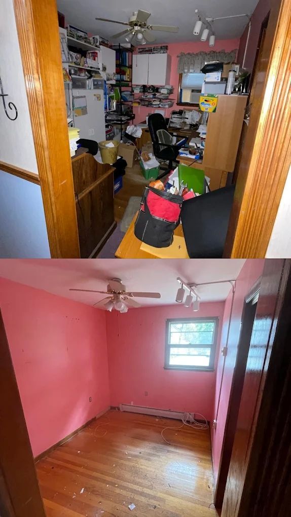 Top: Cluttered room. Bottom: Empty room with pink walls and wood floor.
