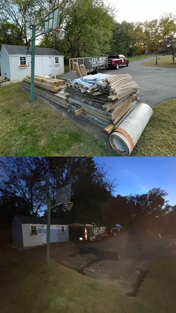 Top: Pile of construction debris near a shed and basketball hoop. Bottom: Same scene at dusk.