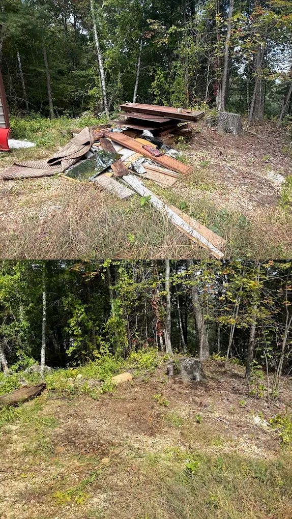 Before/after: Pile of debris removed from a wooded area, revealing cleared ground and stumps.