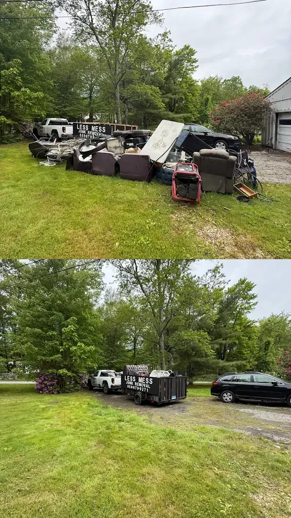 Top: Yard with pile of furniture. Bottom: Yard cleared; truck, trailer, and car.