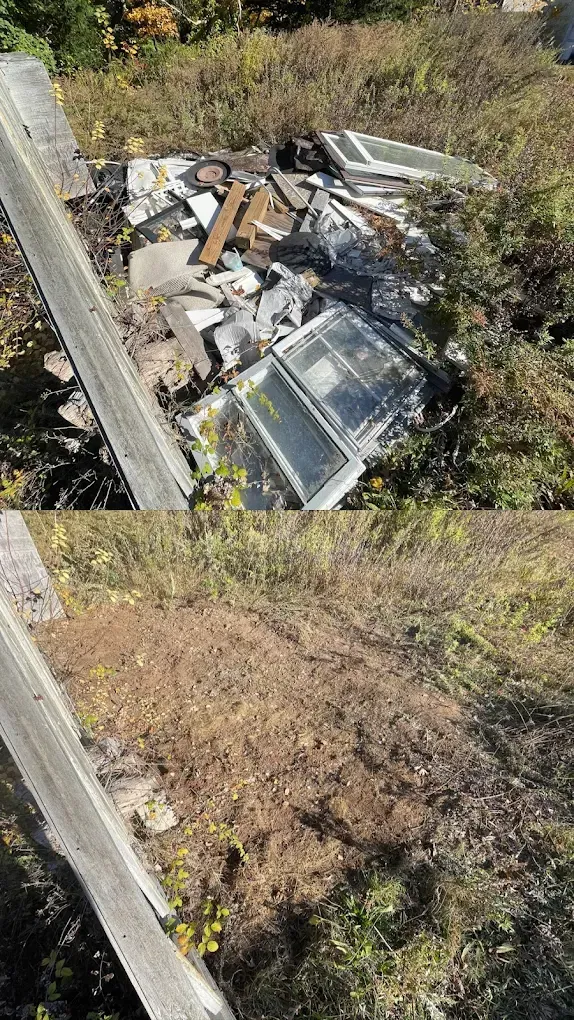 Top: Pile of construction debris near a wooden fence. Bottom: The same area covered in brown vegetation.