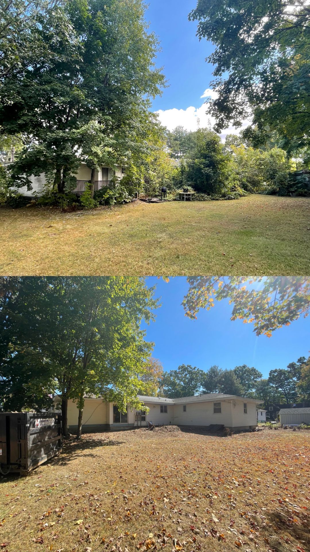 Two views of a backyard with brown grass, trees, a house, and a blue sky.