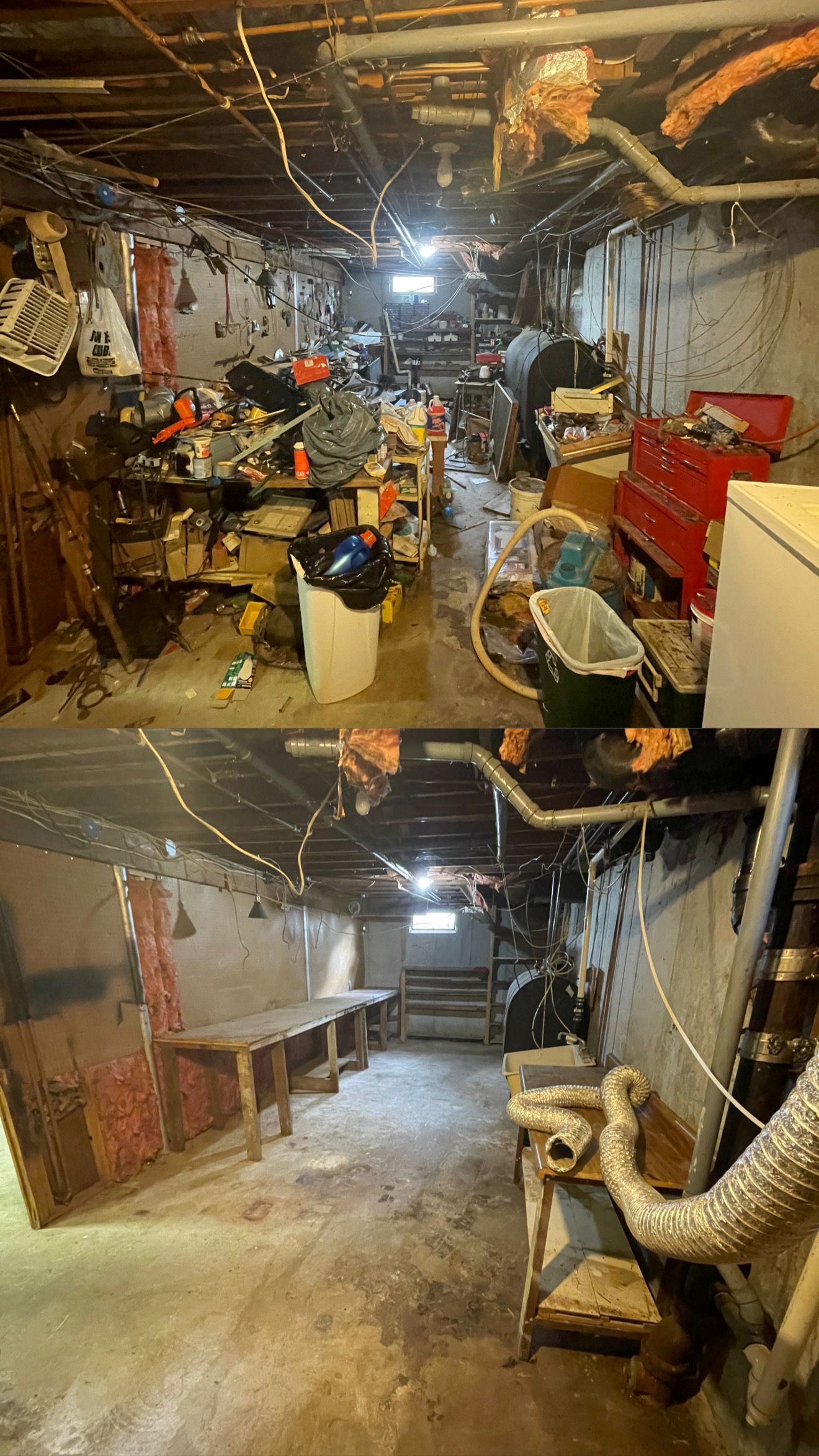 Before and after photos of a cluttered basement. Top photo shows the messy space, the bottom is cleaned.