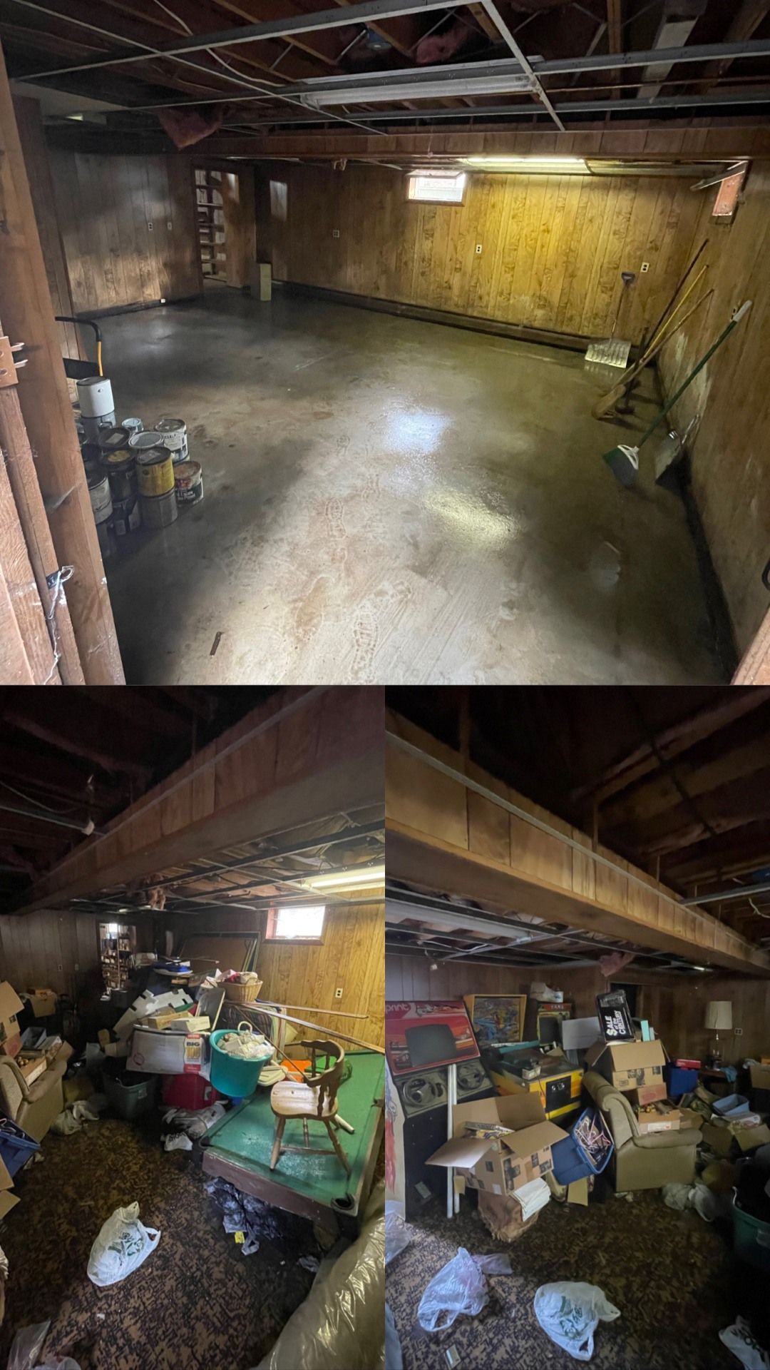Basement before and after cleaning: concrete floor, unfinished walls, filled with debris then empty.