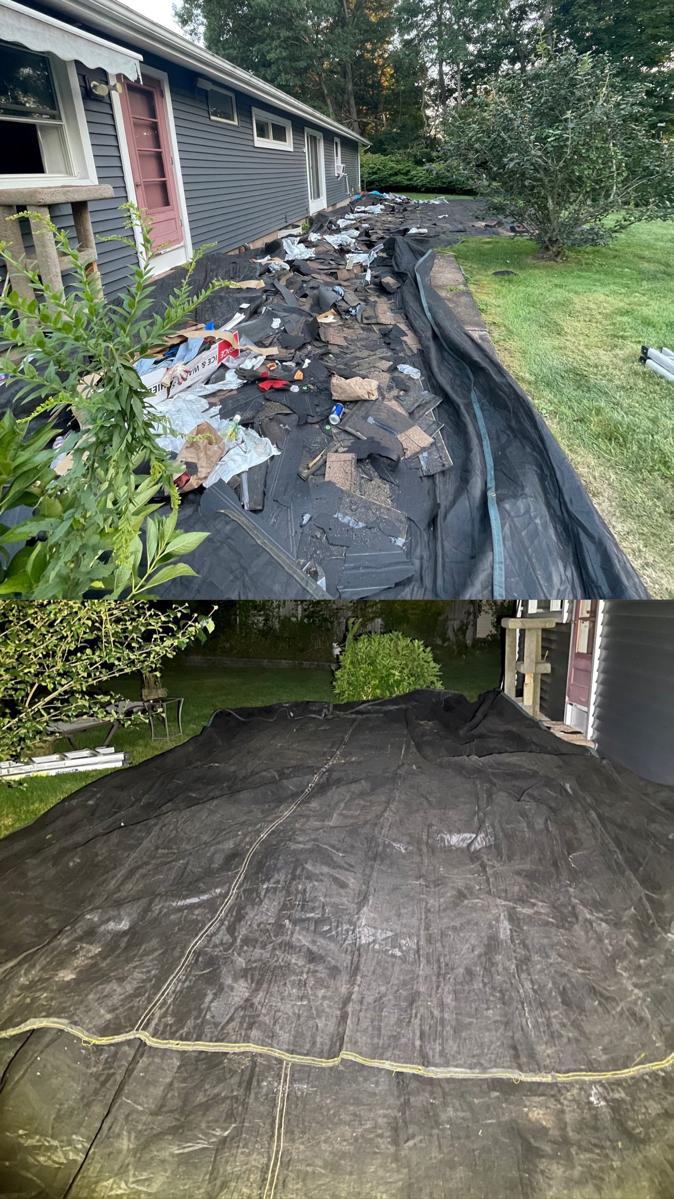 Top: Debris on a flat roof next to a house. Bottom: Black fabric covering a surface.