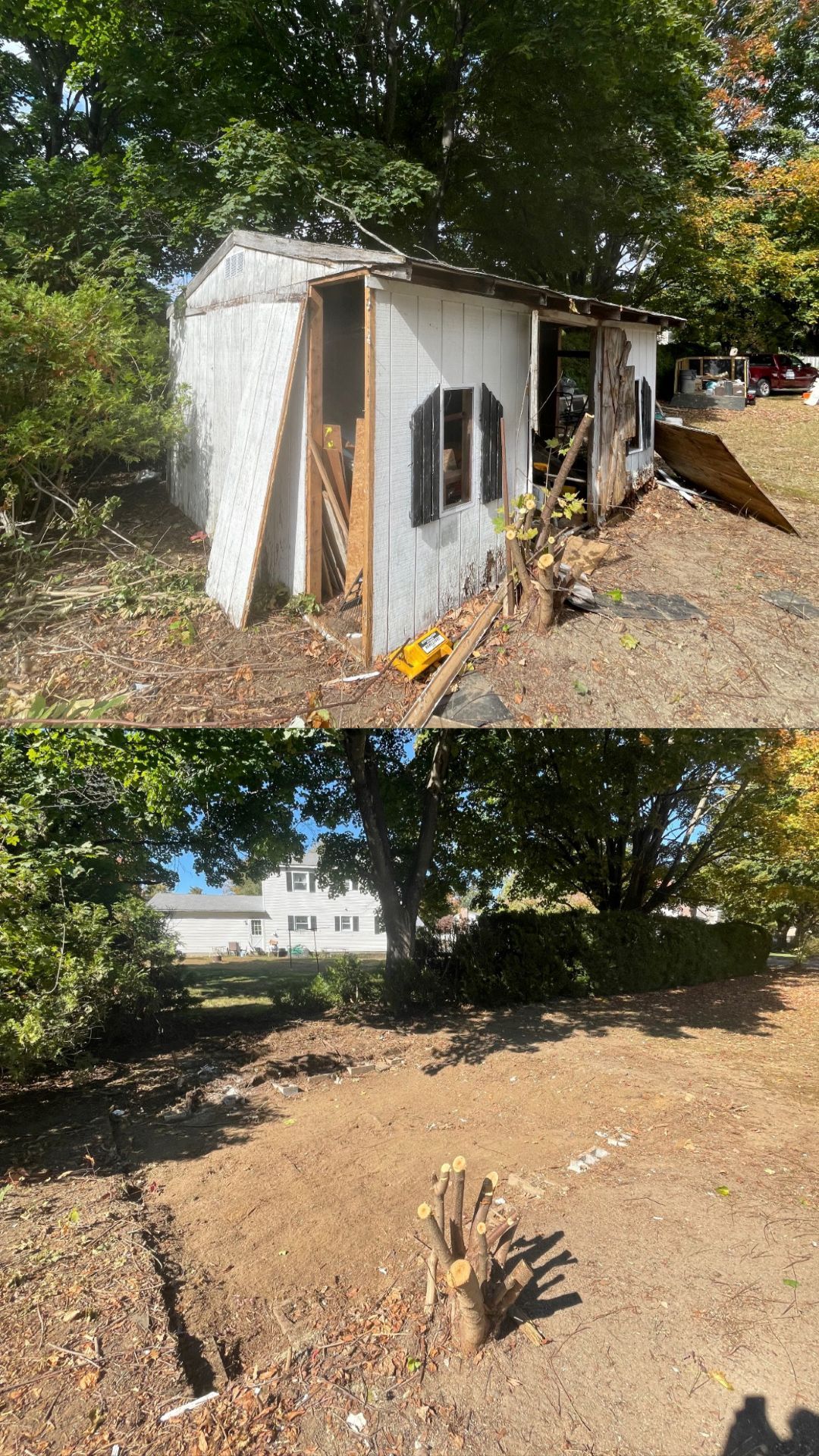 Top: Dilapidated shed. Bottom: Cleared area where the shed stood.