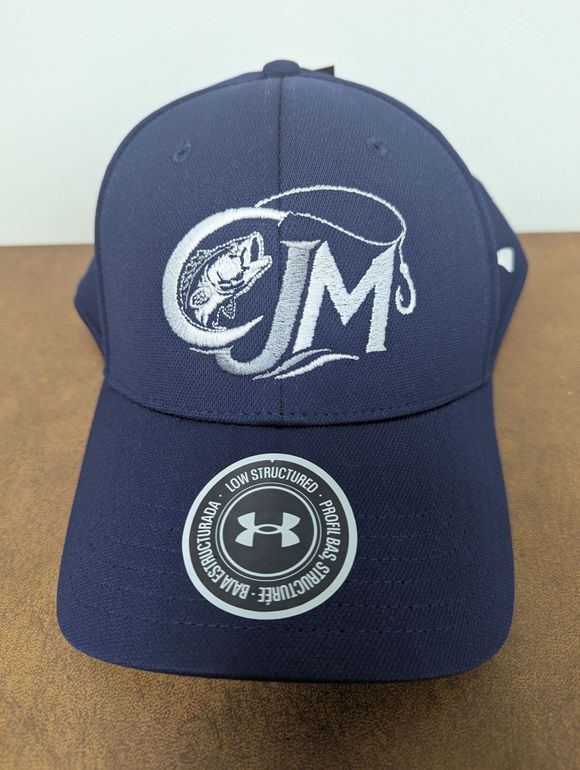 Navy baseball cap with white embroidered logo and Under Armour sticker on the brim