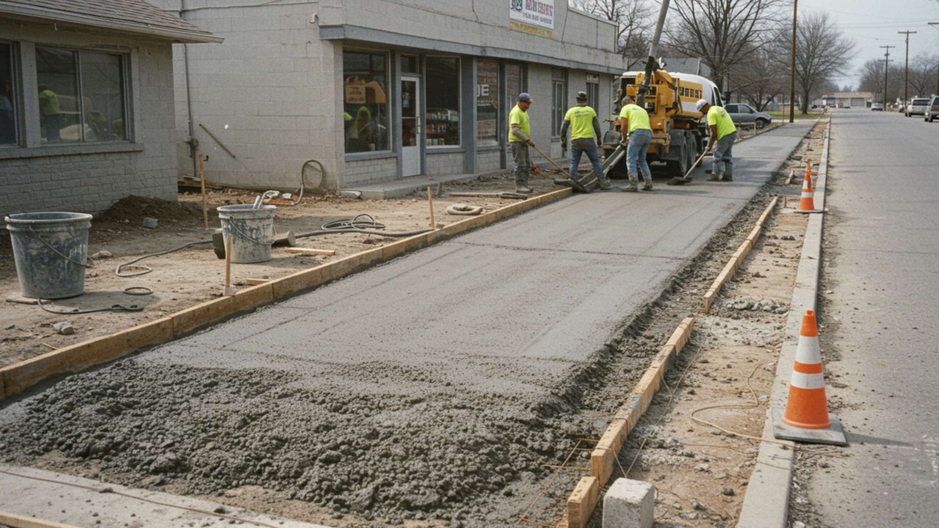Construction workers pouring wet concrete for a sidewalk next to a building, with the concrete being spread.