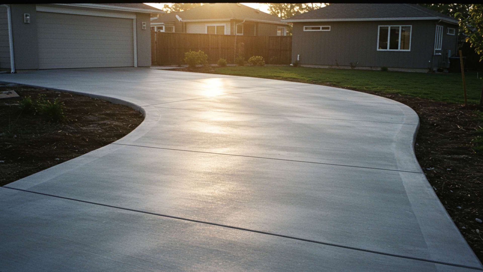 Curving concrete driveway with sun reflecting, leading to a gray garage and house on a sunny day.