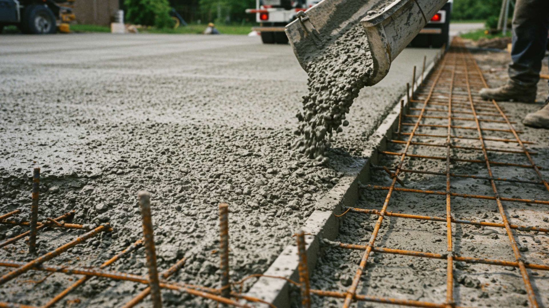 Concrete being poured into a form with rebar, possibly for a road or slab; construction site.