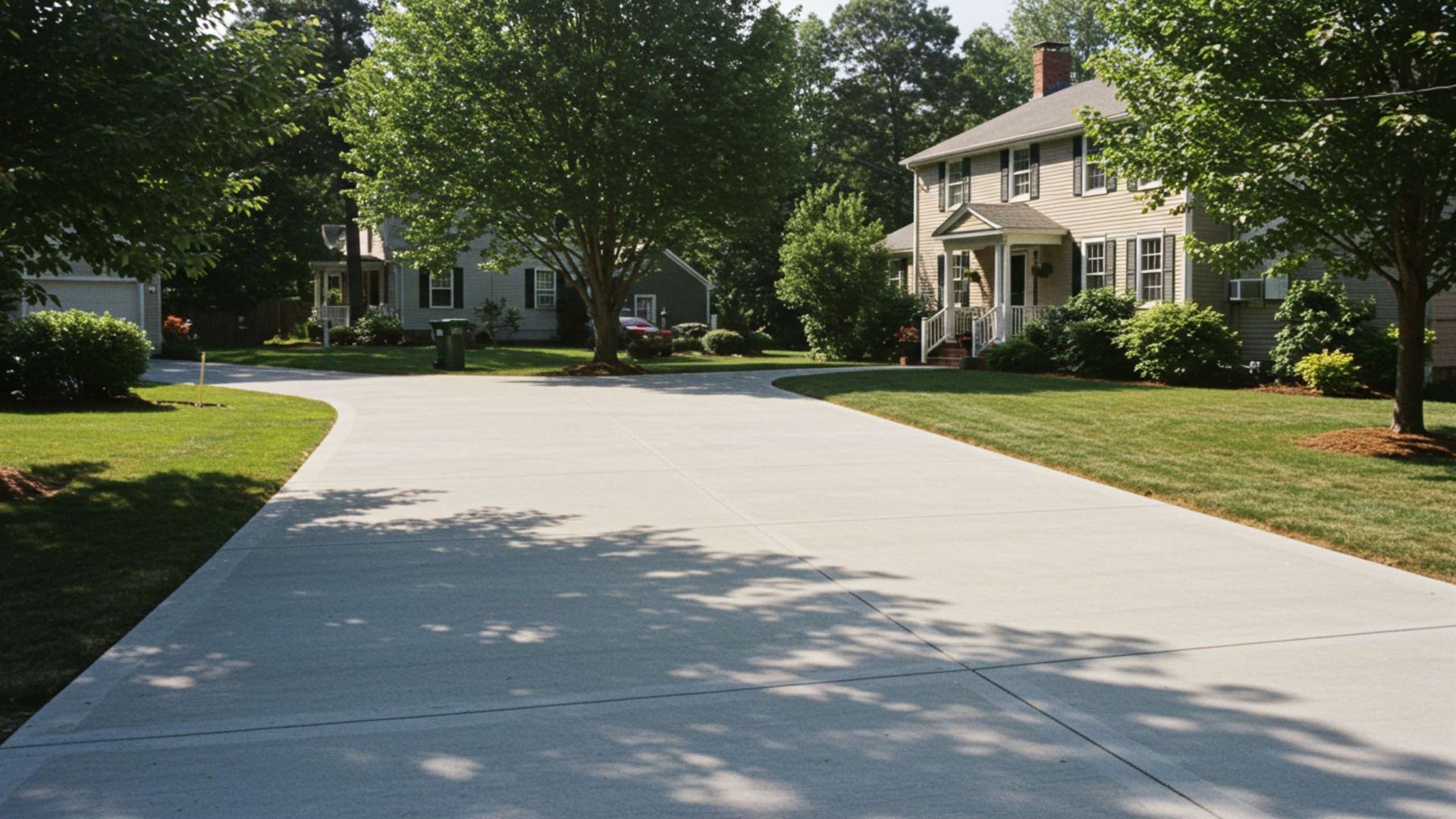 Long driveway leading to two-story house with green lawn and trees on a sunny day.