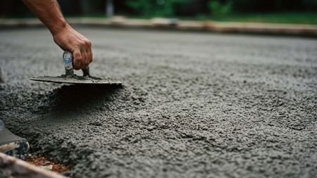 Person smoothing wet concrete with a trowel; outdoor construction site.