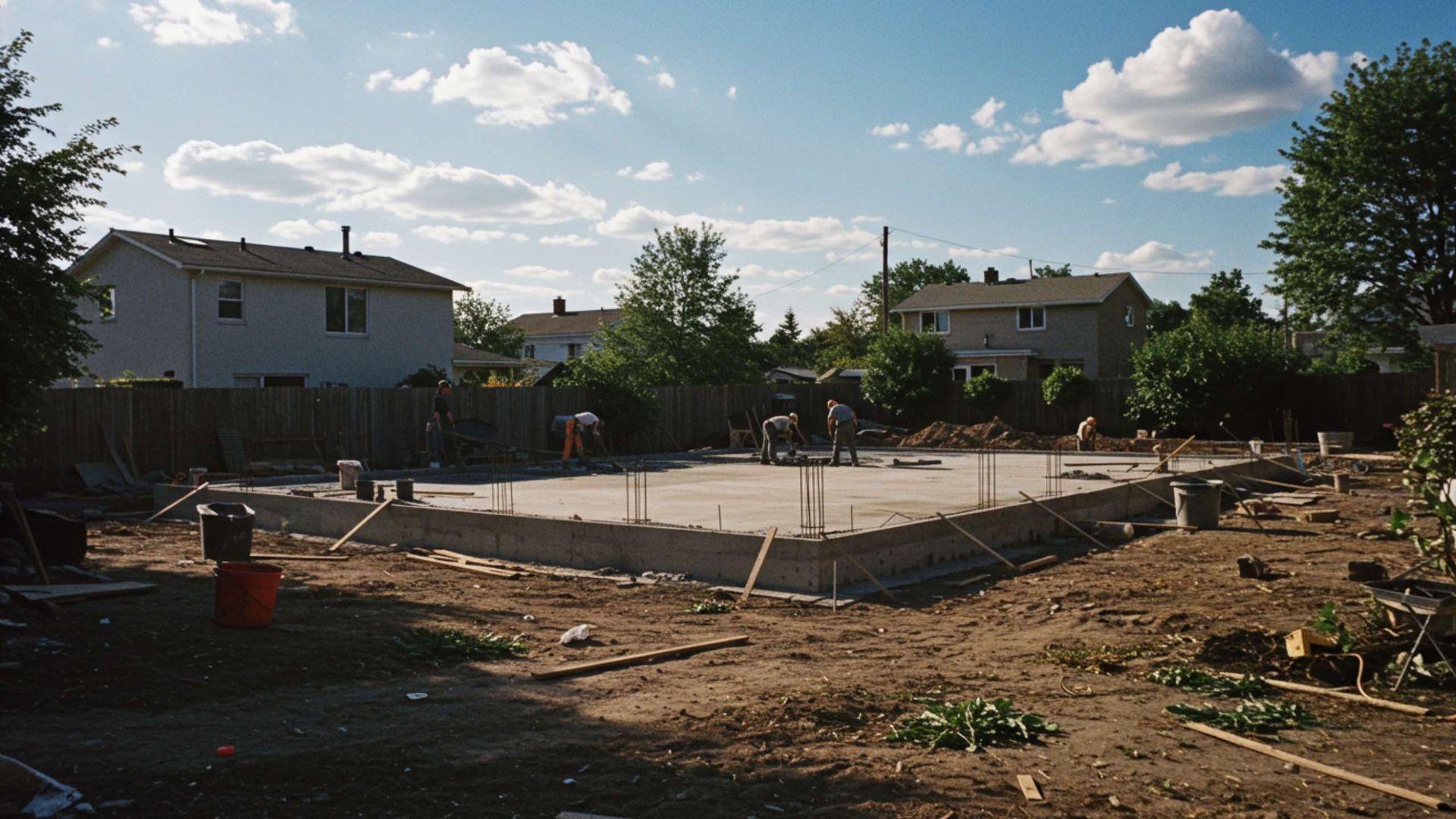Construction site: concrete foundation for a house, workers visible, sunny day, residential neighborhood backdrop.