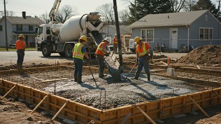 Construction workers pouring concrete into a wooden frame, with a cement truck nearby, in front of houses.
